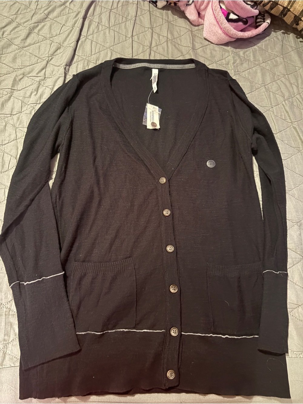 Aeropostale Black Long-Sleeve V-Neck Button Cardigan with Contrast Stitch